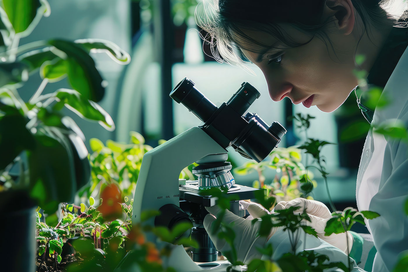 woman looking into microscope surrounded by plants